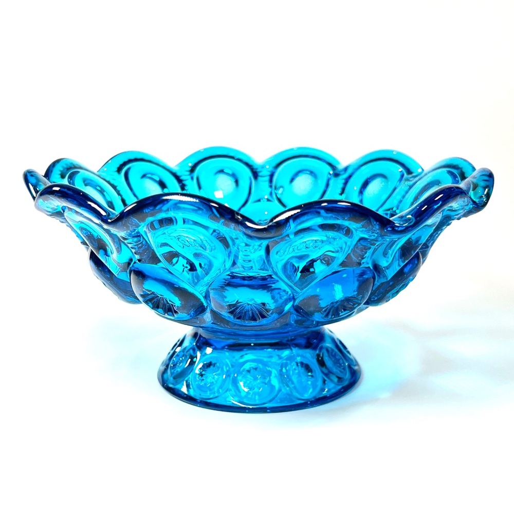 Vintage L. E. Smith Turquoise Blue Moon and Star Footed Bowl